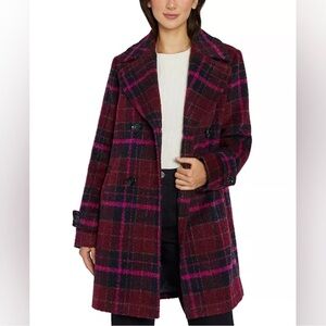 Sam Edelman Burgundy and Pink Plaid Pea Coat